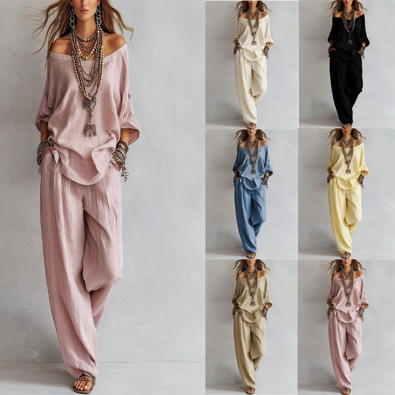 Linen Pant Wide - Conjunto Feminino de Duas Peças: Blusa