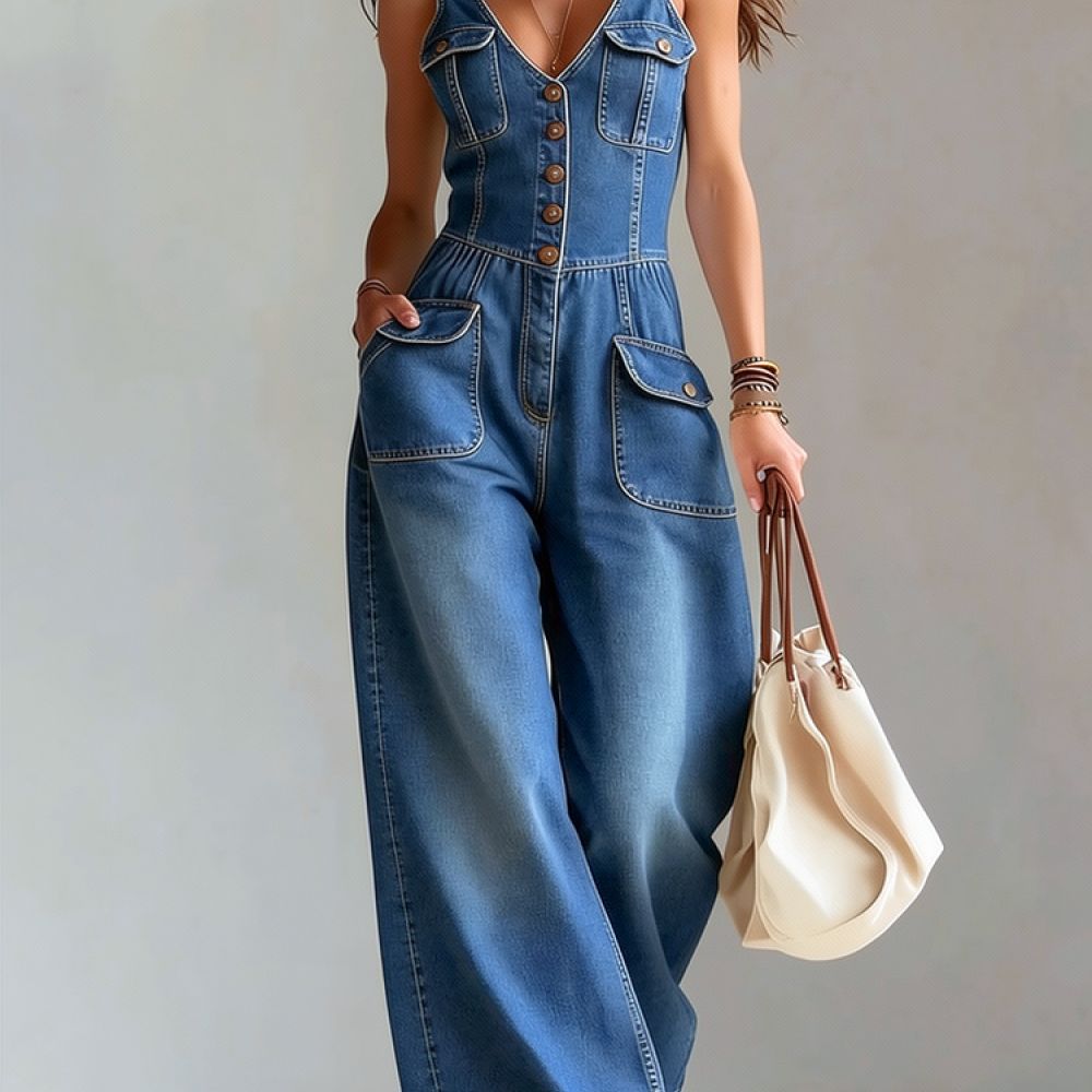 Jumpsuit Linen Relaxed - Macacão jeans feminino casual lavado, sem