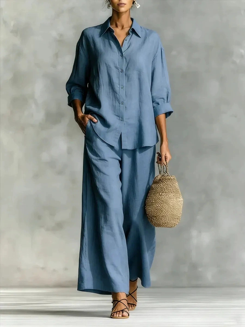 Linen Pant Wide - Conjunto Casual Feminino Novo com Camisa