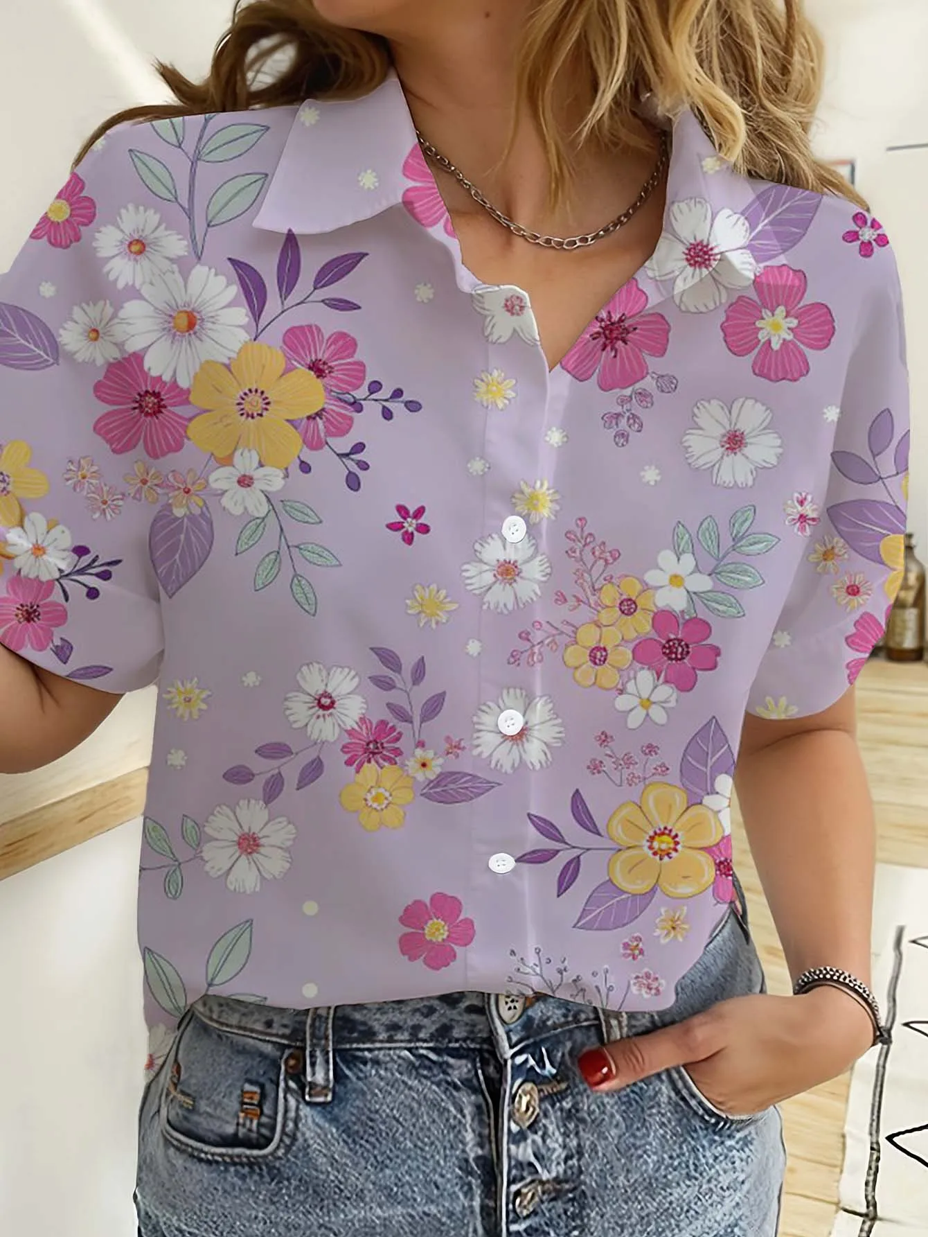 Romper Floral Print - Camisas havaianas femininas manga curta botão