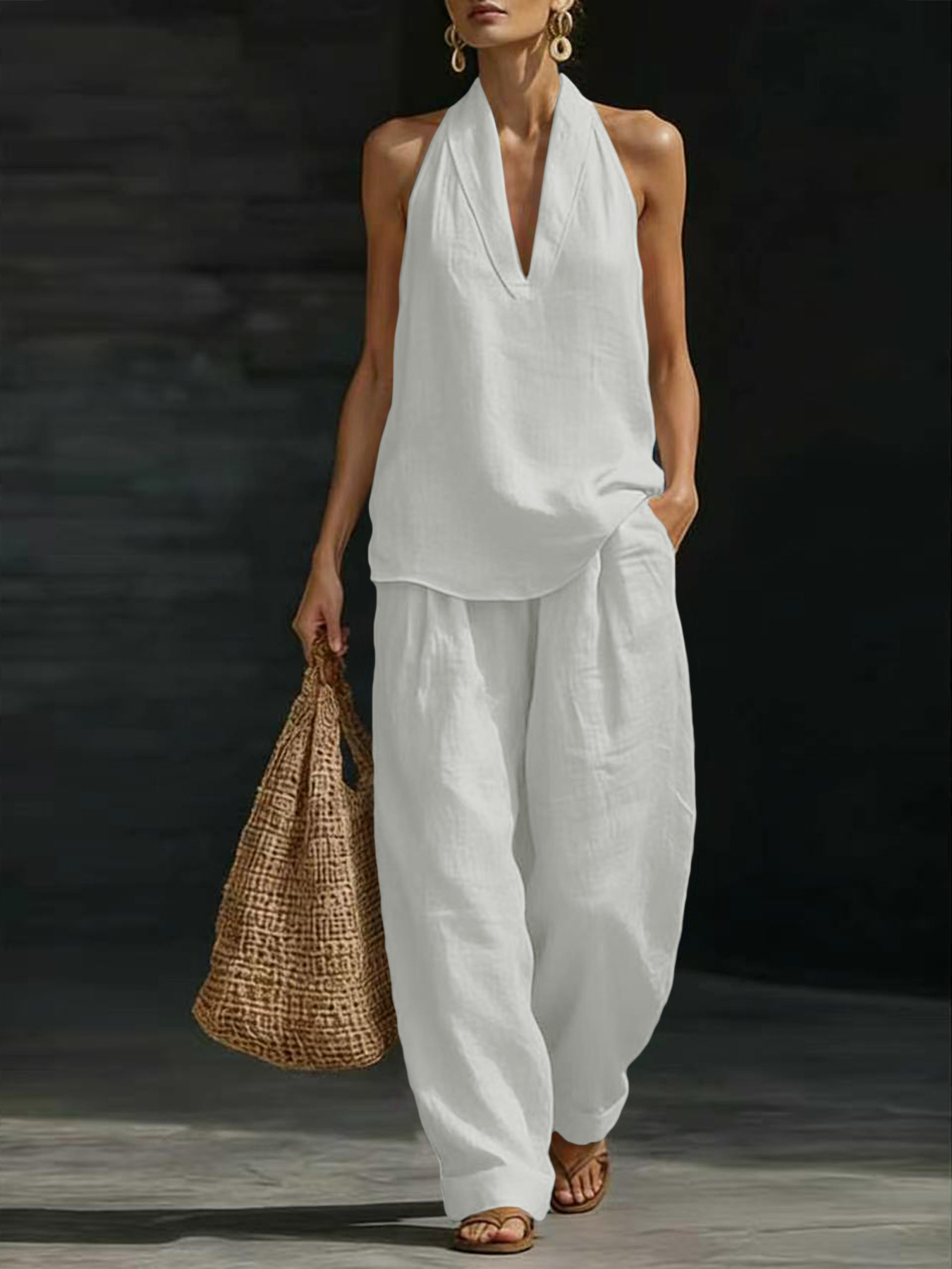 Linen Pant Wide - Conjunto Feminino de Linho 2 Peças: